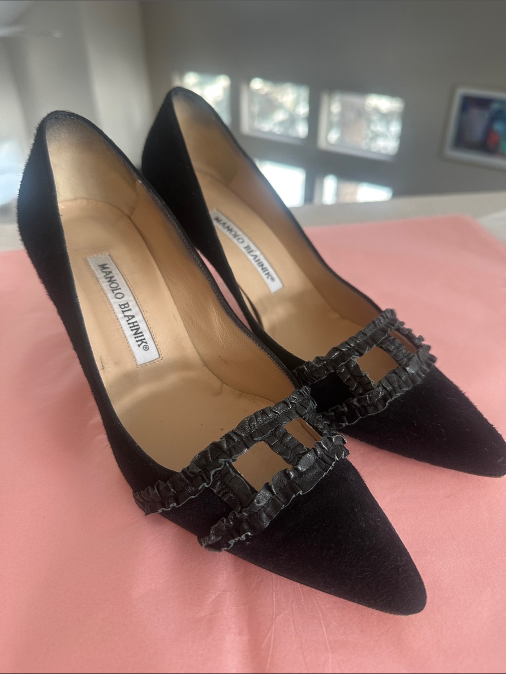 Manolo Blahnik Black Pointed-Toe Velvet Pumps with Ruffled Buckle